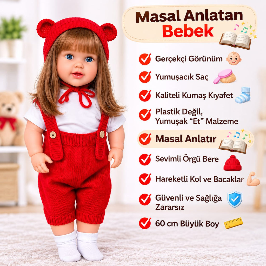 Kırmızı Esmer 60 Cm Trikolu Masal Anlatan Anlatan Umay Bebek Et Bebek