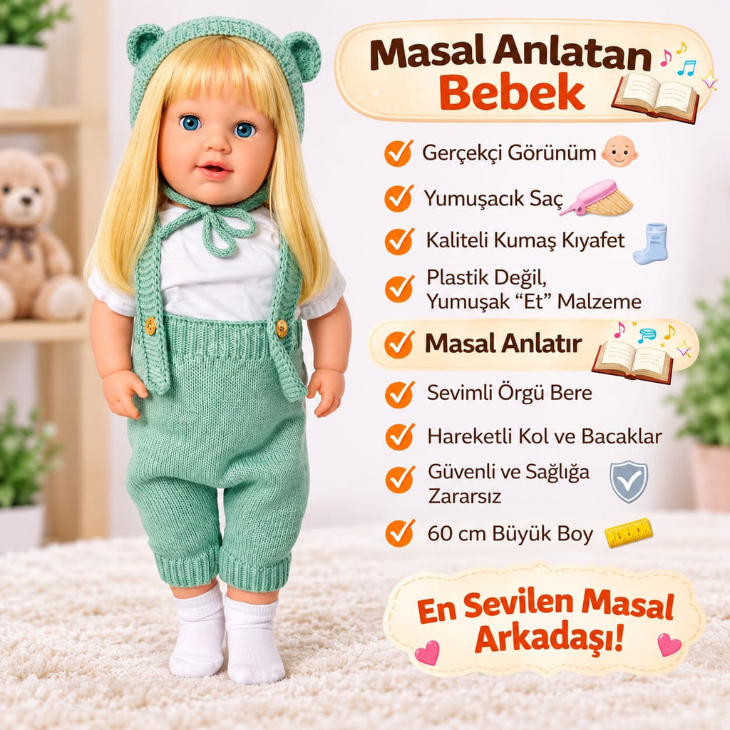 Yeşil Sarışın 60 Cm Trikolu Masal Anlatan Anlatan Umay Bebek Et Bebek