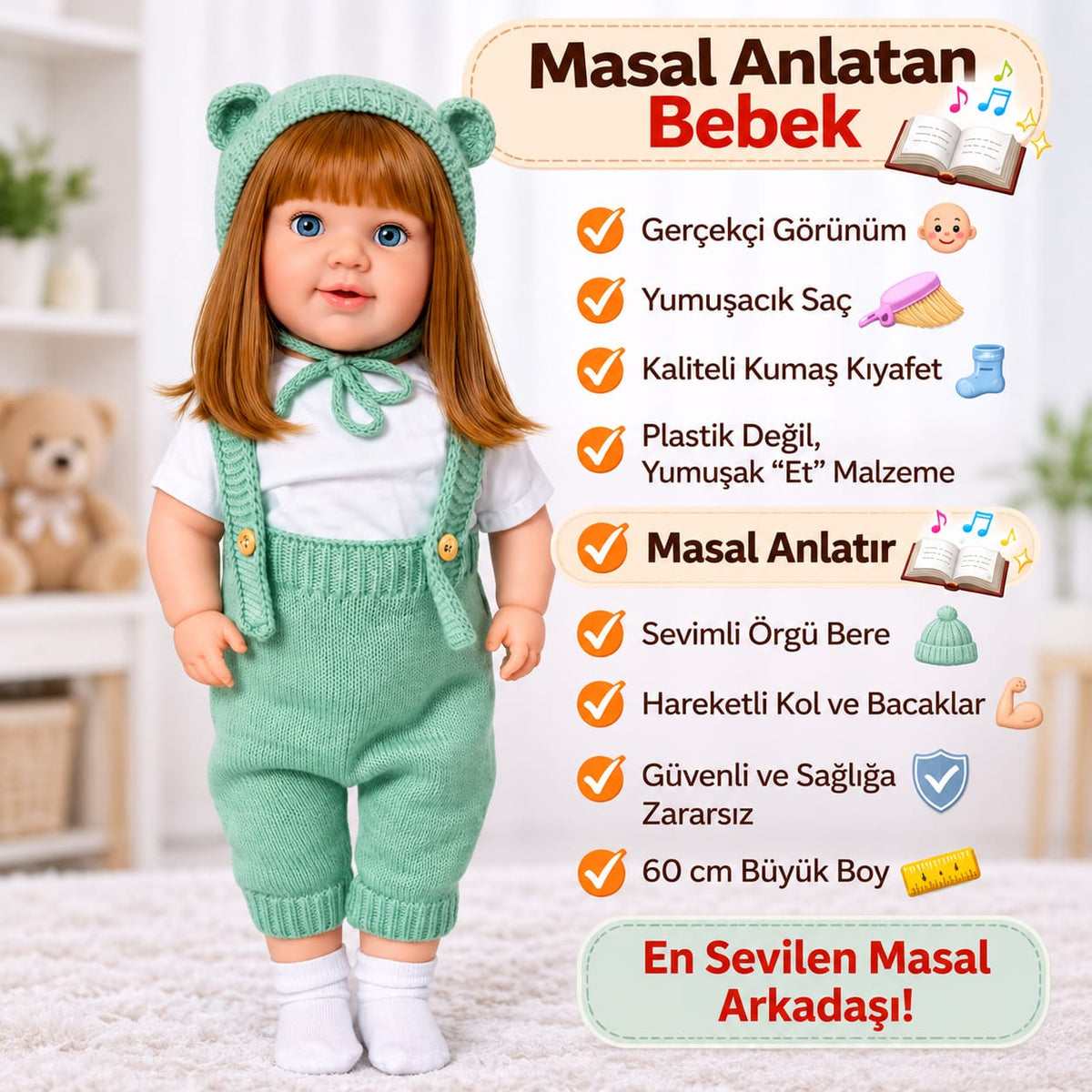Yeşilli 60 Cm Trikolu Masal Anlatan Anlatan Umay Bebek Et Bebek