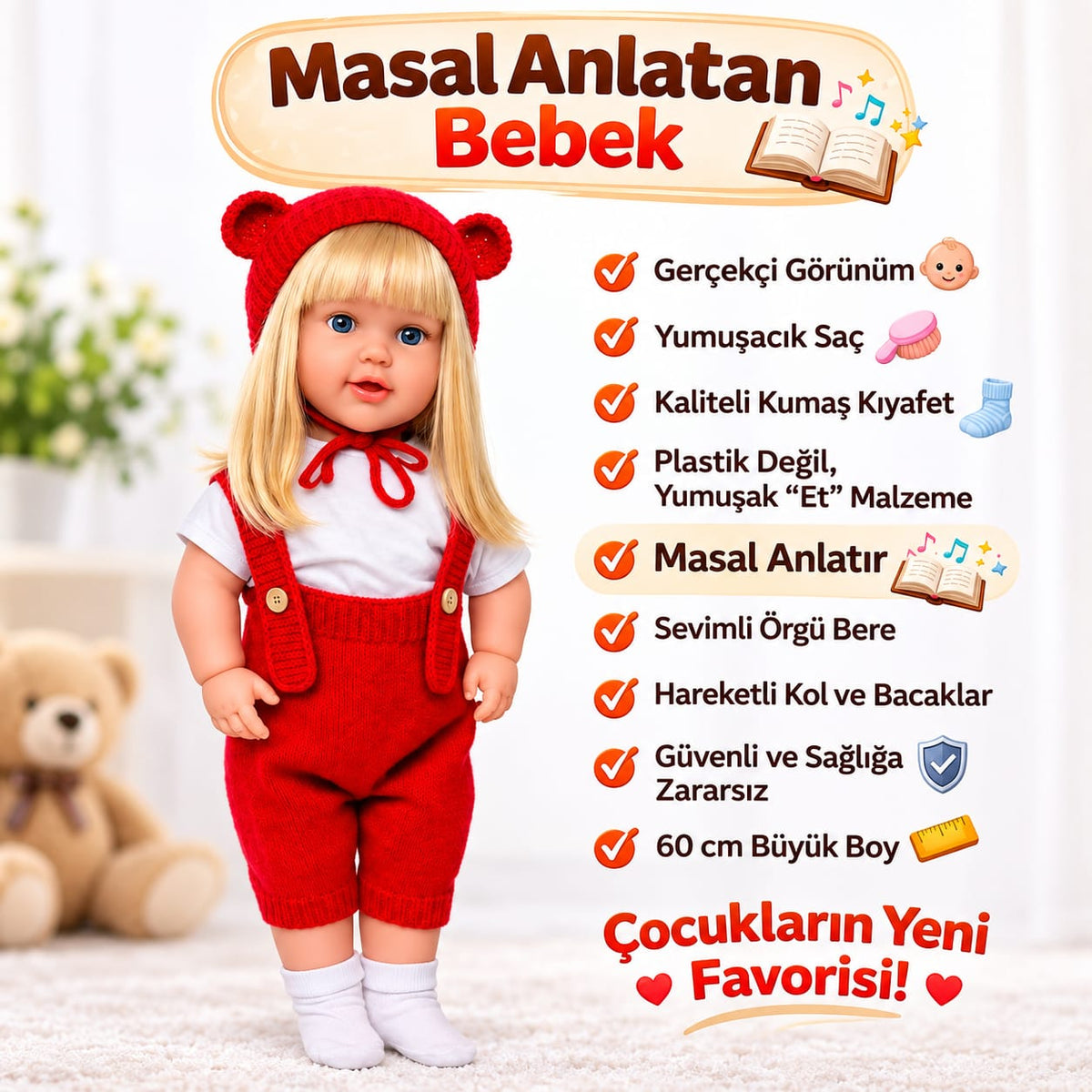 Kırmızı Sarışın 60 Cm Trikolu Masal Anlatan Anlatan Umay Bebek Et Bebek